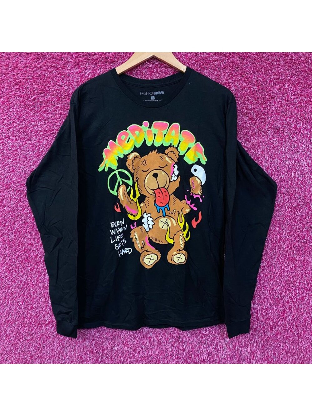 Fashion Nova Meditate Bear Long Sleeve Tee Large